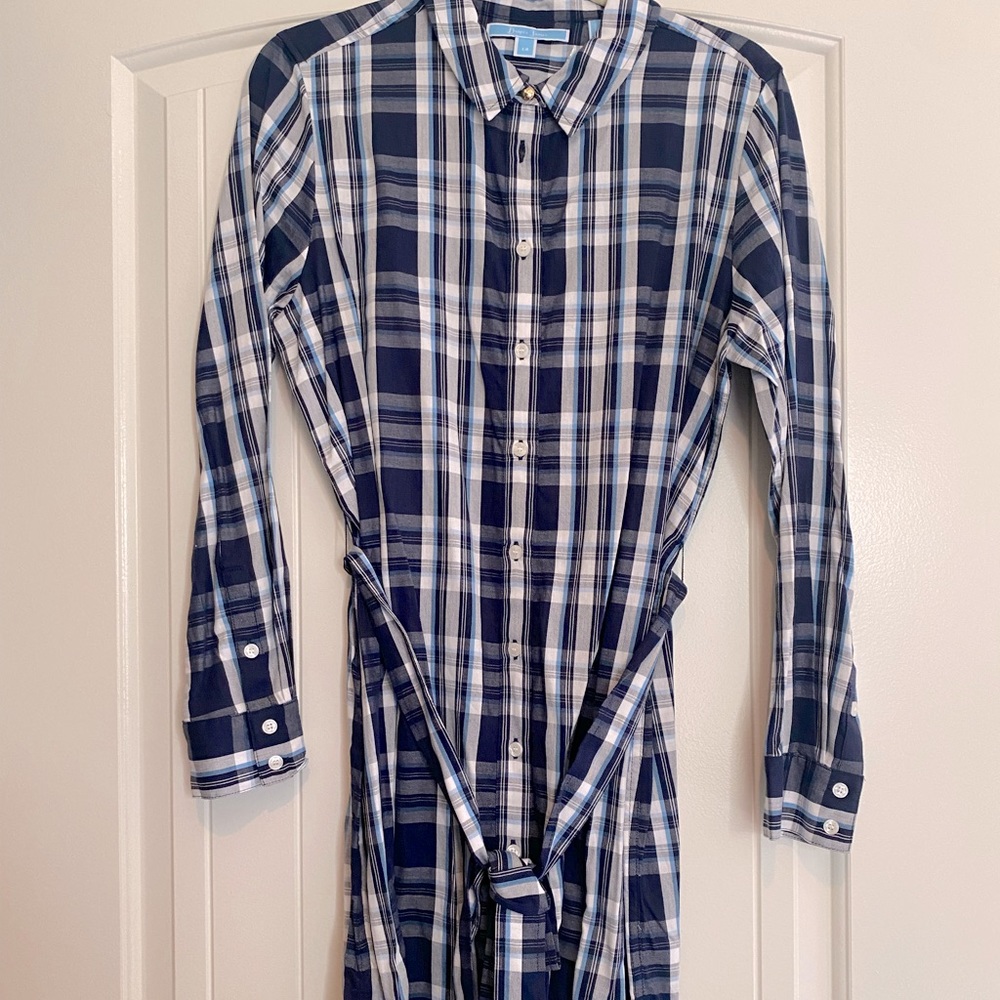 Draper James Navy Blue White Plaid Shirt Dress 14